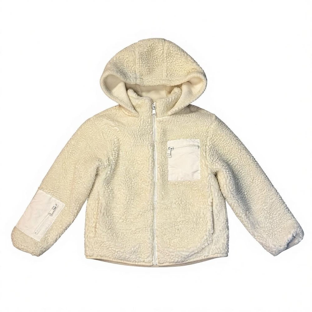 ZARA Kids Size 8 Cozy Neutral Cream Sherpa Fleece Jacket White Hooded Zip-Up